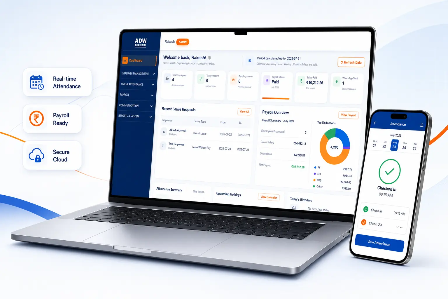 Adwing Technologies attendance and payroll software dashboard showing employee attendance, leave, payroll and mobile check-in