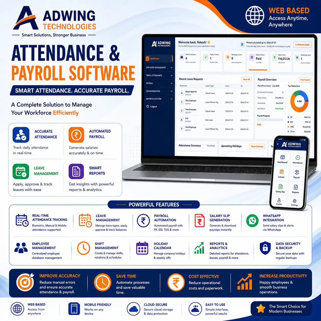 Attendance and payroll software features including leave, shifts, salary slips, reports and WhatsApp integration