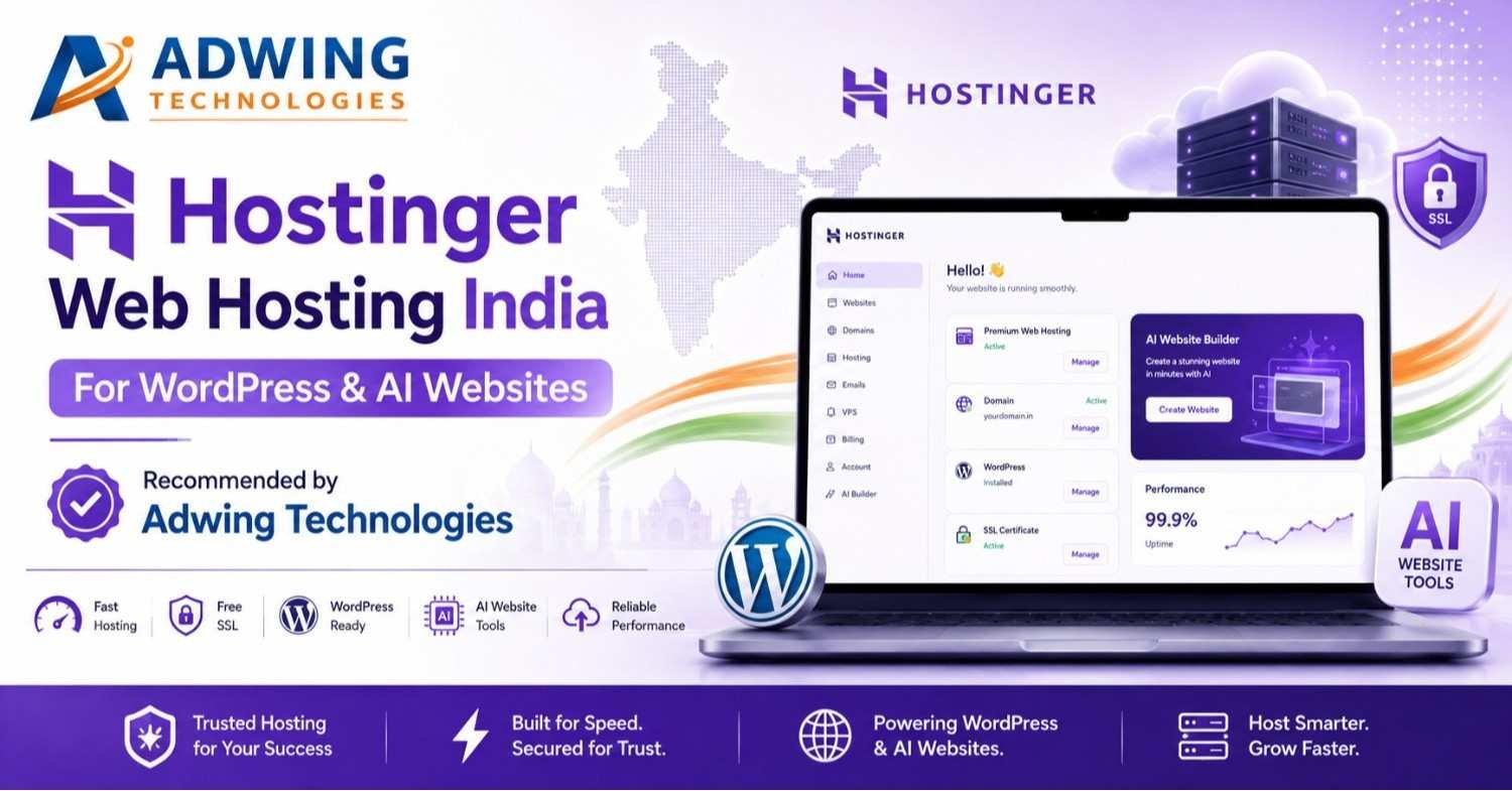Hostinger web hosting India for WordPress and AI websites recommended by Adwing Technologies
