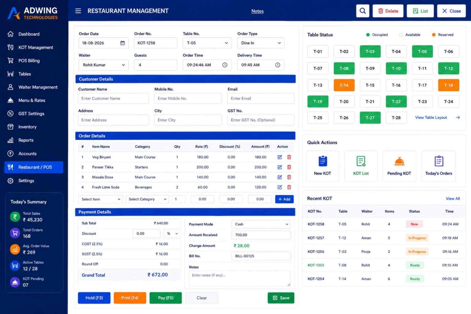 Restaurant POS billing KOT and table management software