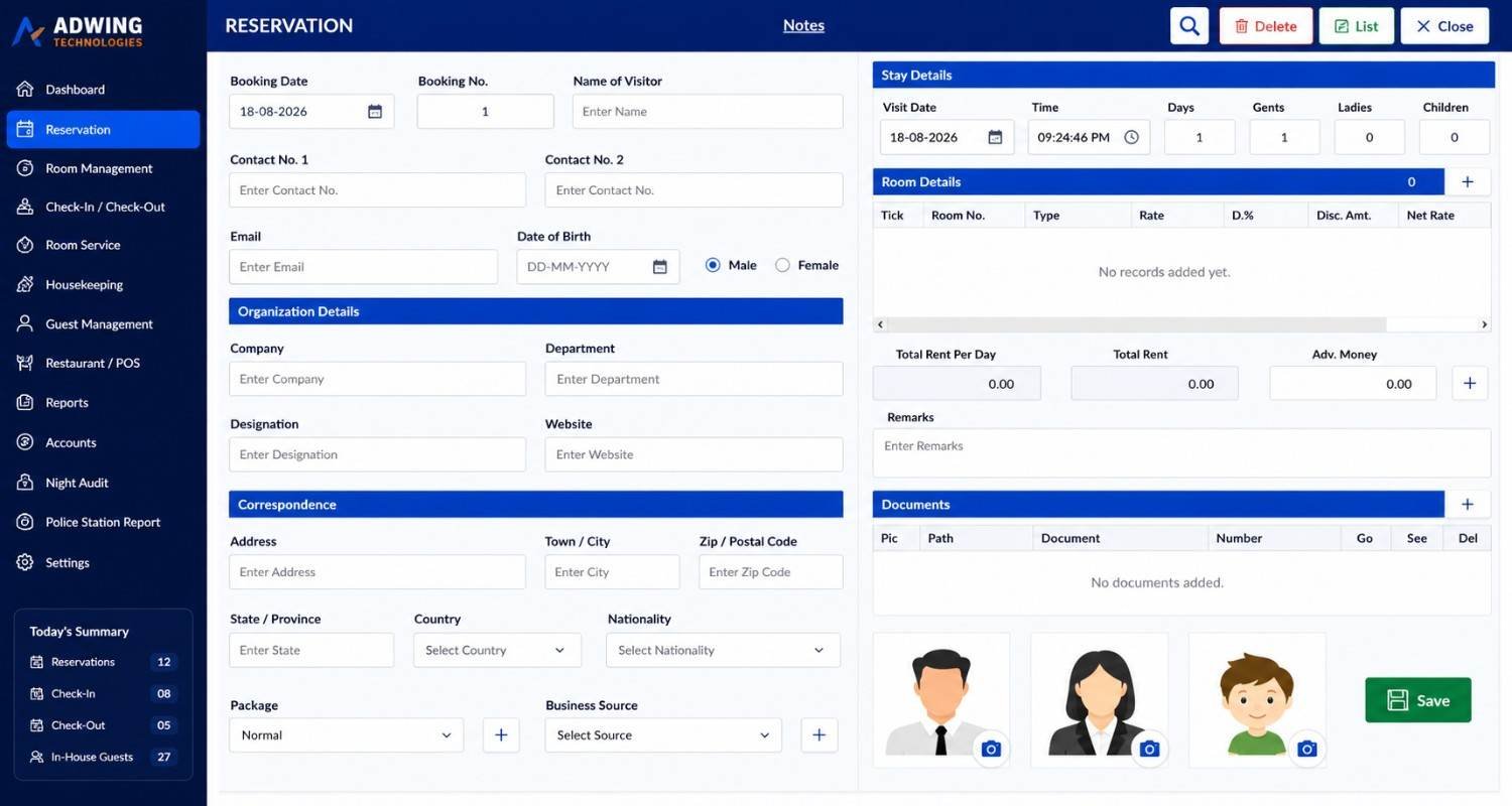 Hotel management software reservation room and billing features