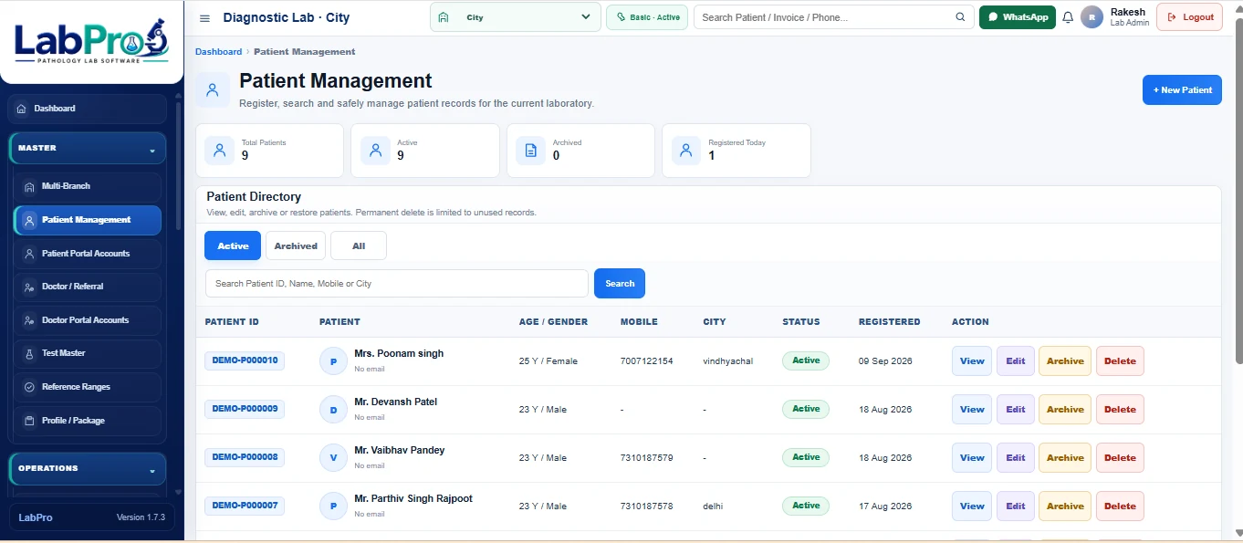 LabPro patient management screen showing patient registration and patient list